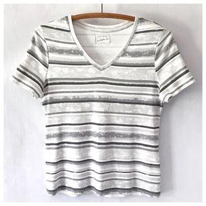Studio Works Grey Stripes V-Neck Knit Tee